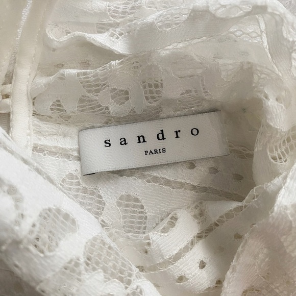 SANDRO HAMIA WHITE OPEN SHEER LACE MOCK NECK LONG SLEEVE SHOULDER PAD TOP - M - Picture 6 of 9